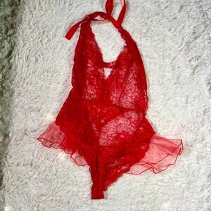 HOT Red Lace Halter Sheer Ribbon Ruffle Sexy Madam Power Bodysuit Lingerie